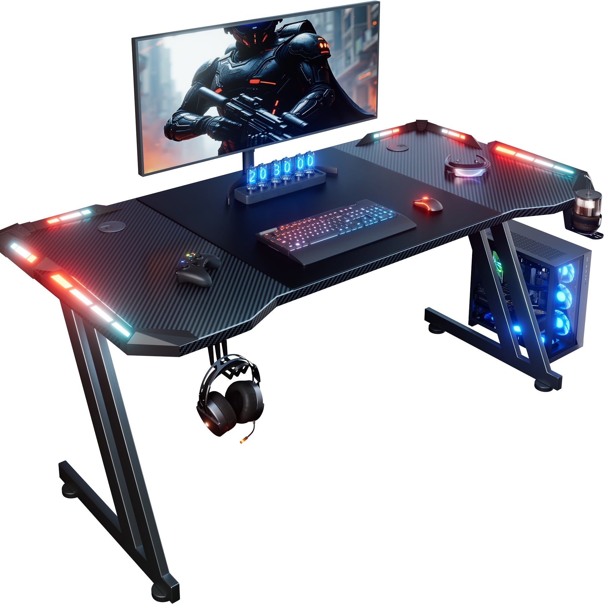 Furnishia 119.38/139.7/160.02 cm Large Z-Shaped Gaming Desk with Carbon Fiber Tabletop, RGB LED Lighting, Oversized Mouse Pad & Cup Holder - Heavy-Duty Computer Desk with Headphone Hook, Spacious Workstation for Home Office,