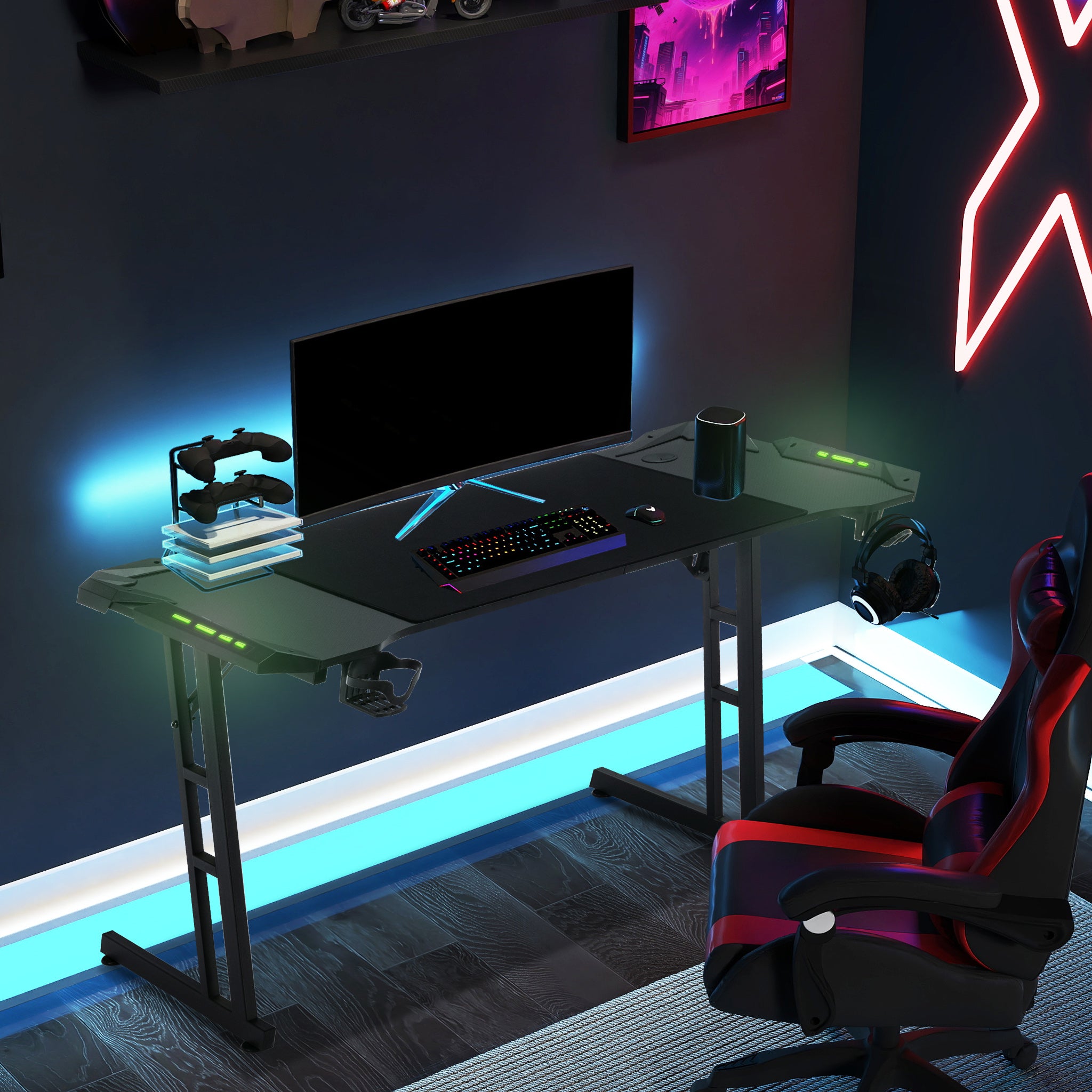 Multi-Size Office PC Desk (120/140/160cm) with LED Lighting, Black Carbon Fibre Surface, 150kg Capacity, Z-Frame for Gaming & Work, Professional Workspace, Study Table, Contemporary Furniture, Sleek Workstation, Premium Surfa