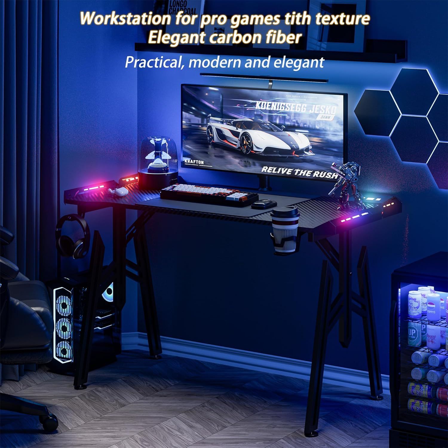 Mesa de juego de 160 x 60 cm con estructura en M, soporte para bebidas y gancho para auriculares, ergonómica, para PC, con capacidad de carga de hasta 100 kg, para oficina