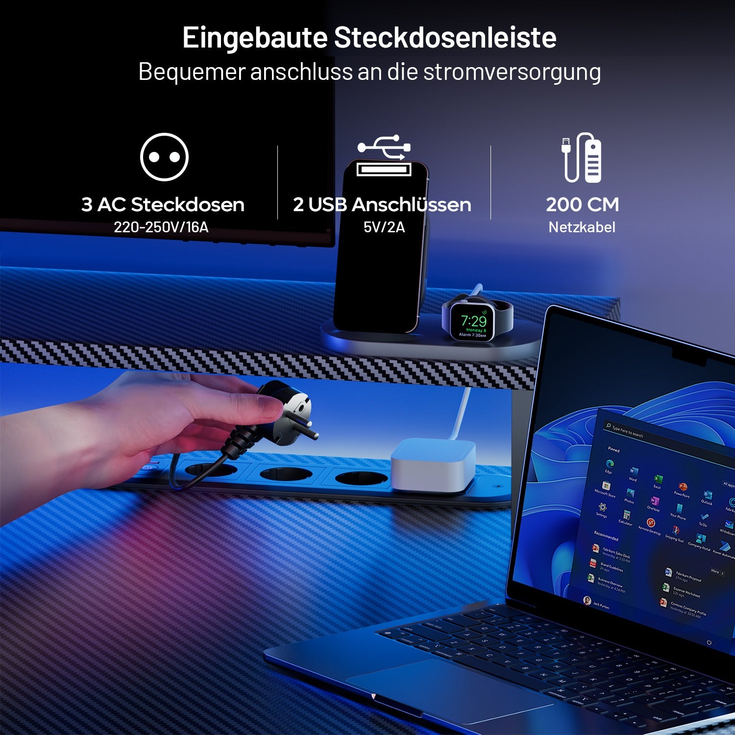 Escritorio de oficina con tomas de corriente y soporte para monitor, 3 tamaños de escritorios gaming para casa/oficina, diseño de dos patas, gancho para auriculares y portavasos, para teletrabajadores.