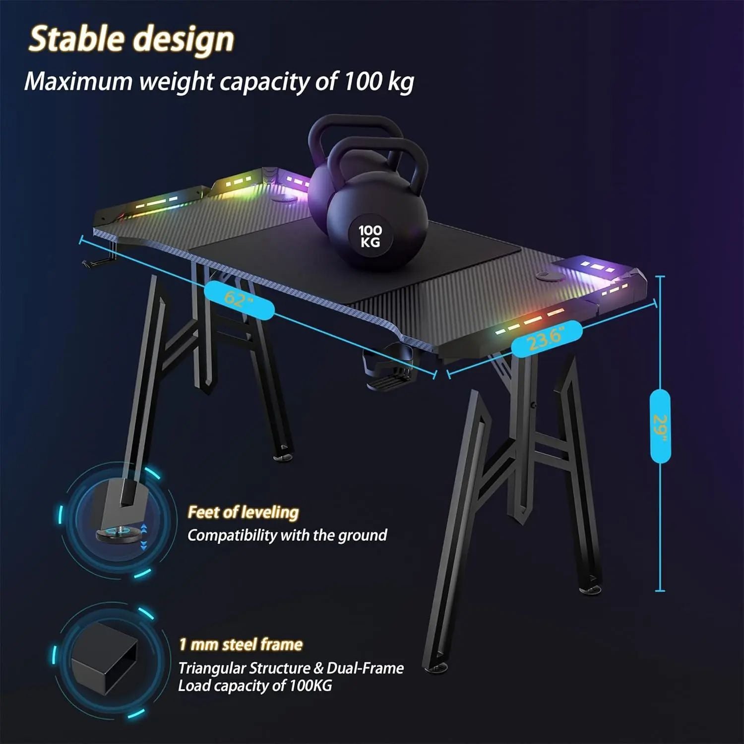 Mesa de juego de 160 x 60 cm con estructura en M, soporte para bebidas y gancho para auriculares, ergonómica, para PC, con capacidad de carga de hasta 100 kg, para oficina