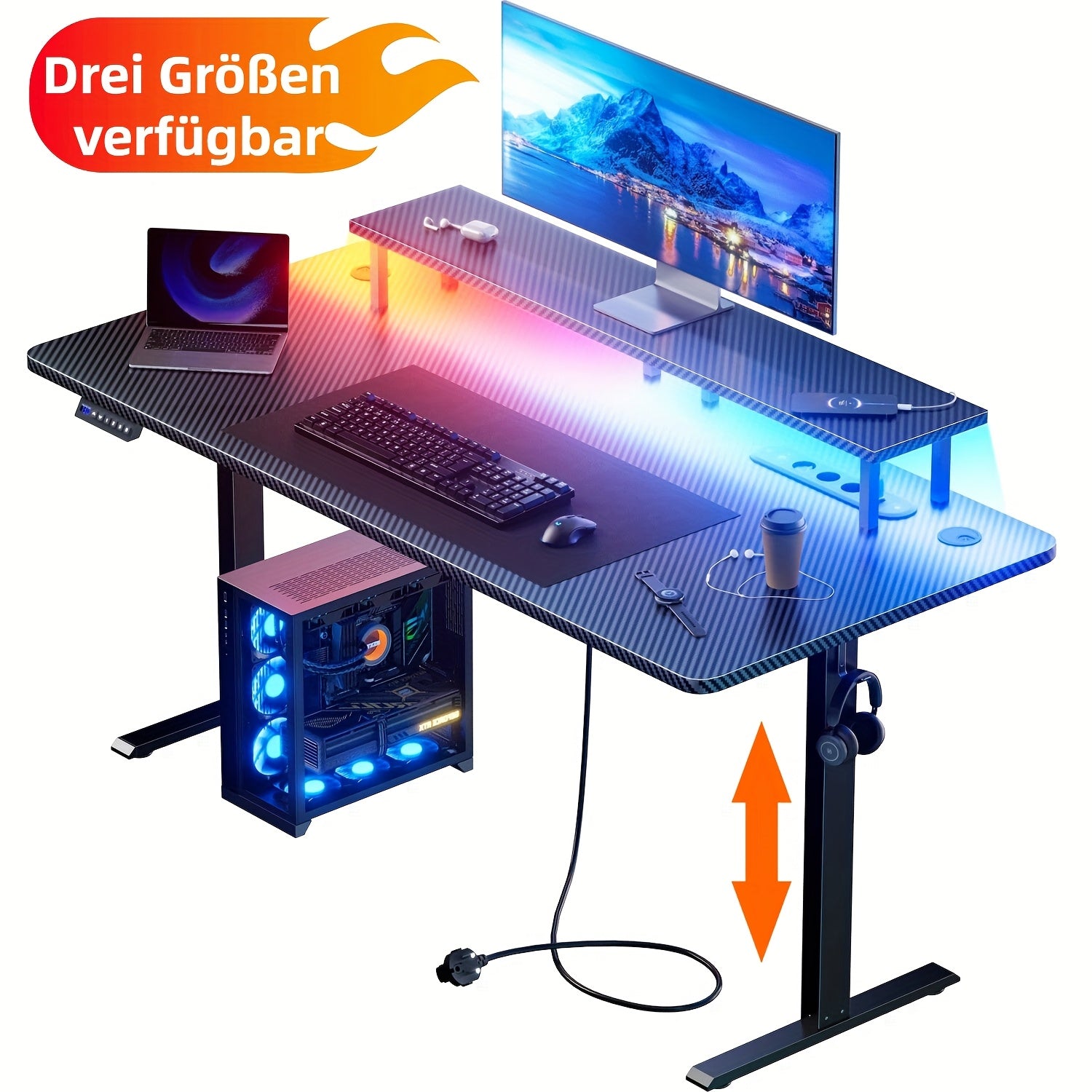 Height-Adjustable Desk with 3 Memory Smart And Power Outlet, New Standing-Sitting Electric Desk with LED Lights & Monitor Stand, Gaming Desk with Headphone Hook, Ideal for Home Office And Study Room, Black, 3 Sizes, Halloween