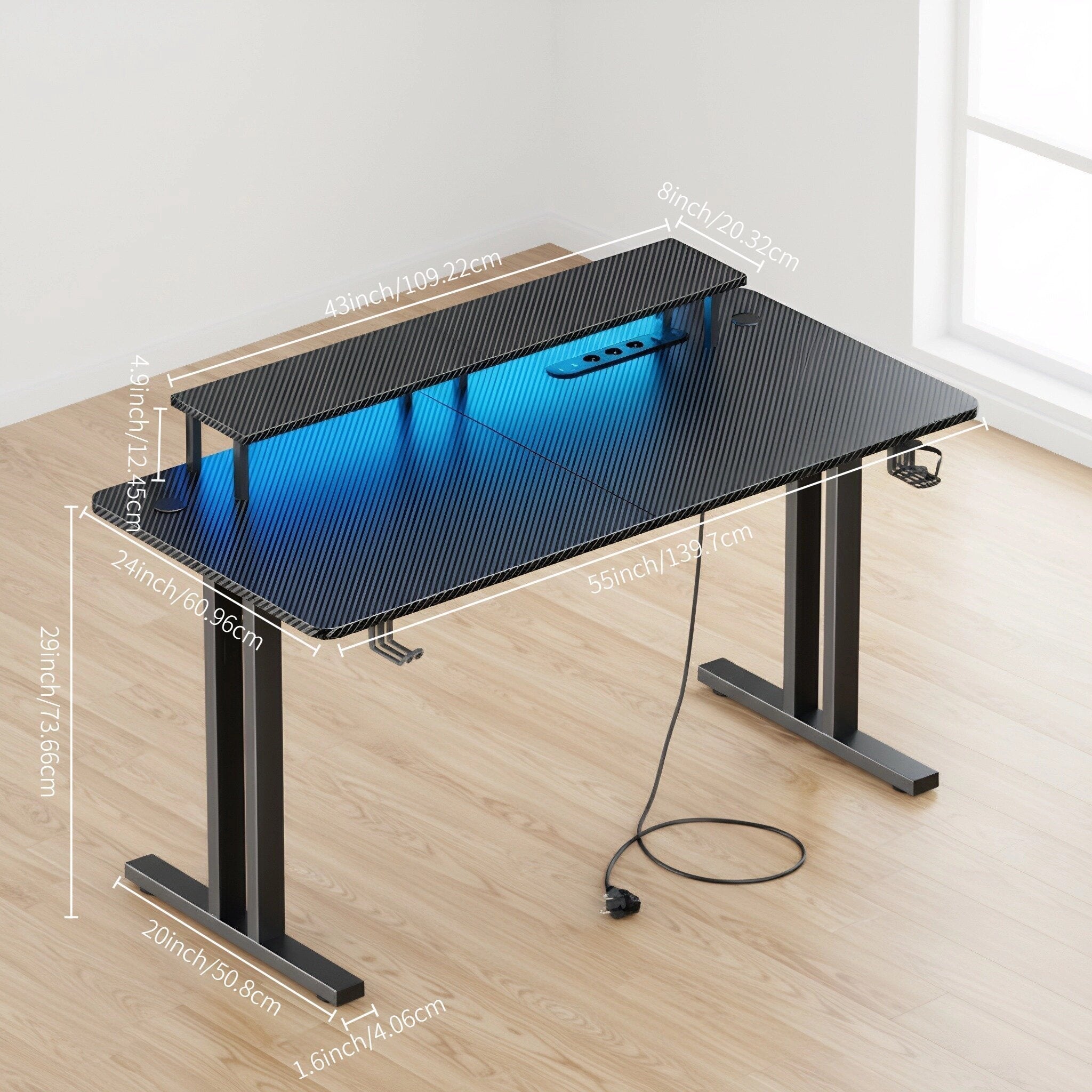 Escritorio gaming VIVENTA de fibra de carbono de 119,38 cm | Estación de trabajo gamer todo en uno con soporte para monitor, gancho para auriculares, portavasos y colgador para mando, escritorio ergonómico español para oficina en casa - Negro