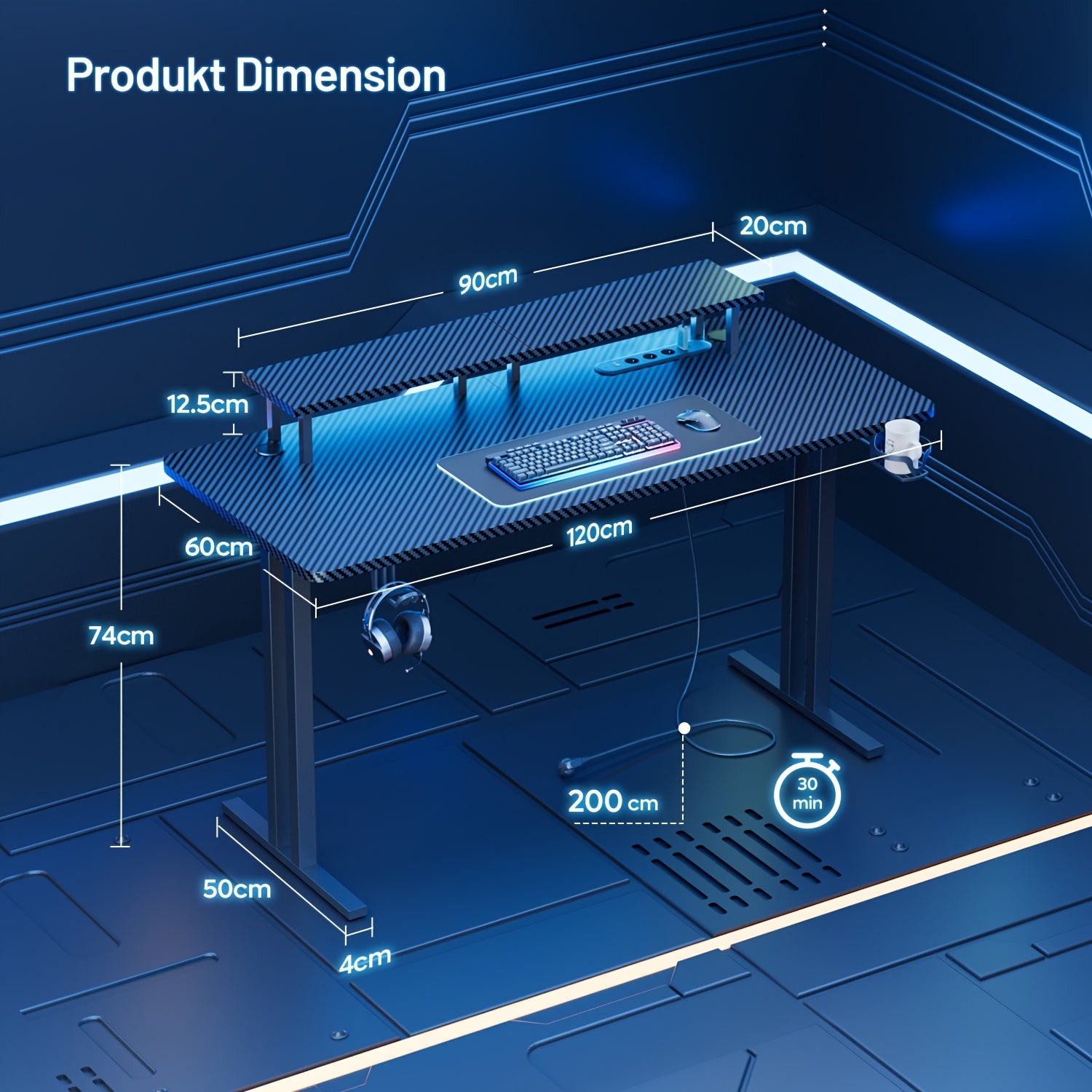 Escritorio de oficina con tomas de corriente y soporte para monitor, 3 tamaños de escritorios gaming para casa/oficina, diseño de dos patas, gancho para auriculares y portavasos, para teletrabajadores.