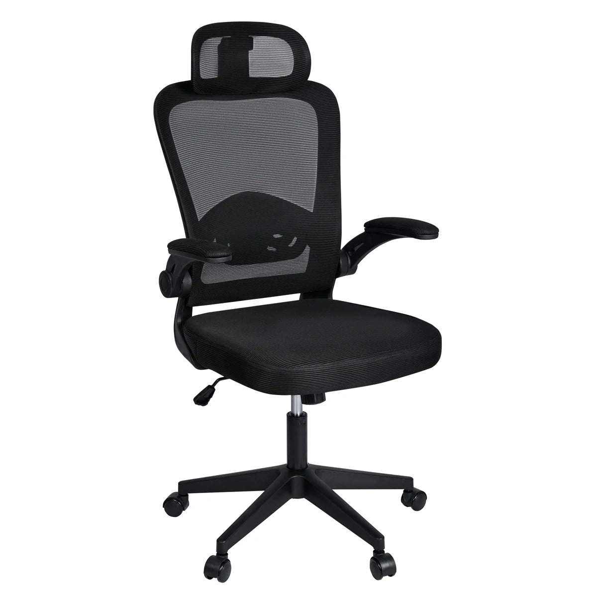 Silla de oficina ergonómica T-Lovendo AM-HOC919-BLACK con soporte lumbar ajustable, malla transpirable, ruedas de rodamiento suave y brazos ajustables para máxima comodidad en entornos domésticos y de oficina.