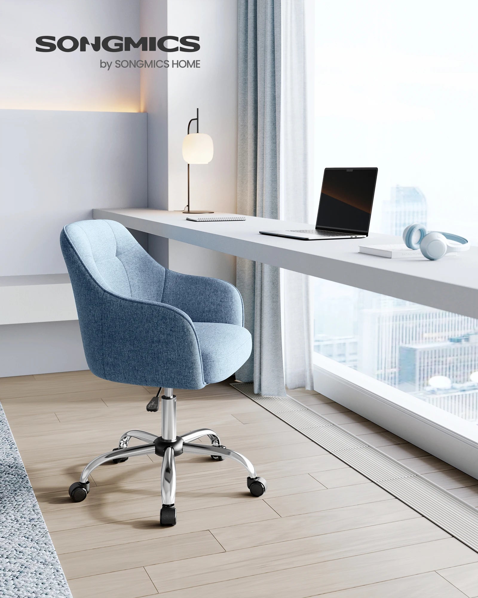 Silla de estudio SONGMICS, silla de oficina ergonómica con ajuste de altura, tela de algodón y lino transpirable, estructura de acero, soporta 110 kg, diseño moderno para oficina en casa y estudio, disponible en varios colores.