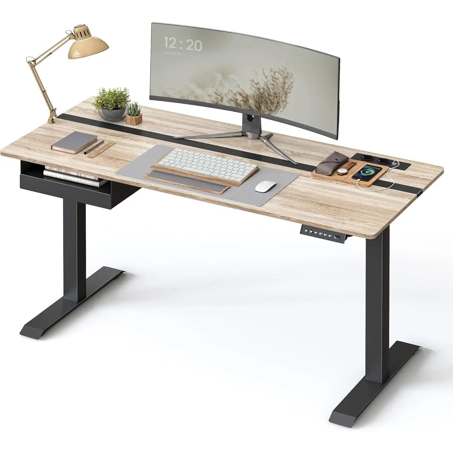 Escritorio ajustable en altura VASAGLE, 60 x 140 cm, cuenta con 4 funciones de memoria, 2 tomas de corriente y puertos USB, con un diseño robusto que soporta hasta 80 kg, perfecto para una oficina moderna o un entorno de estudio.