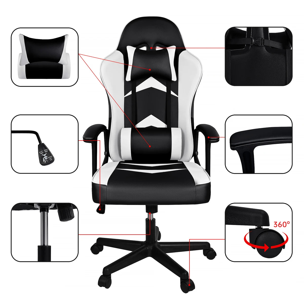 Silla Gaming T-Lovendo con Soporte Lumbar y Cervical, Altura Ergonómica Ajustable y Reclinable.