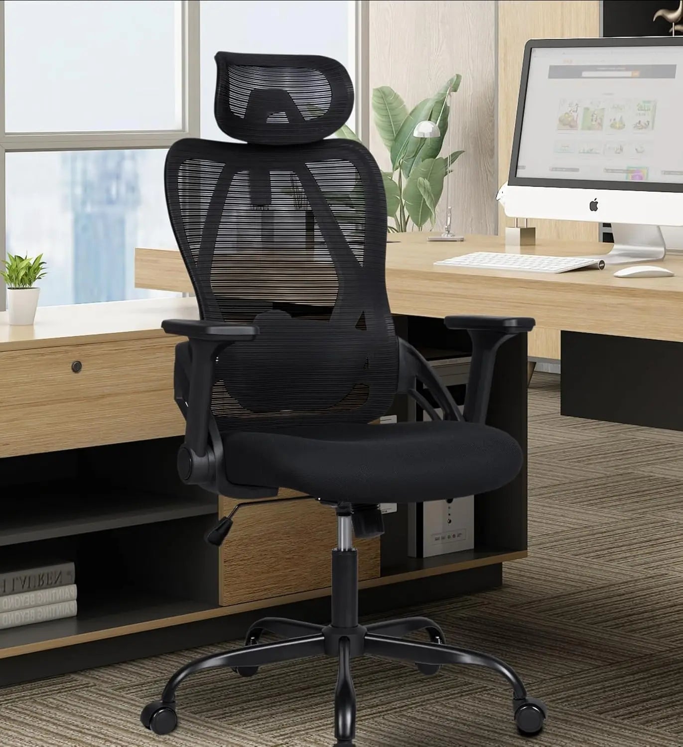 Silla de oficina ergonómica T-LoVendo con reposacabezas ajustable, soporte lumbar y giro de 360°, malla transpirable, espuma de alta densidad, fácil montaje