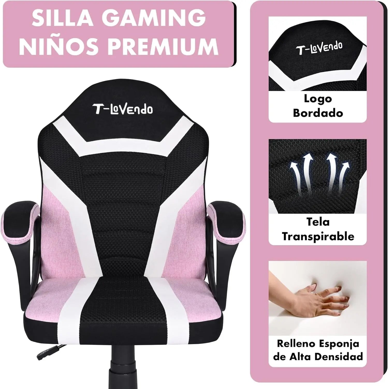 Silla gaming T-LoVendo TLV-SN1 para niños, piel sintética ergonómica, altura regulable, diseño de carreras moderno, perfecta para jugar y estudiar, con ruedas duraderas y respaldo acolchado para mayor comodidad.