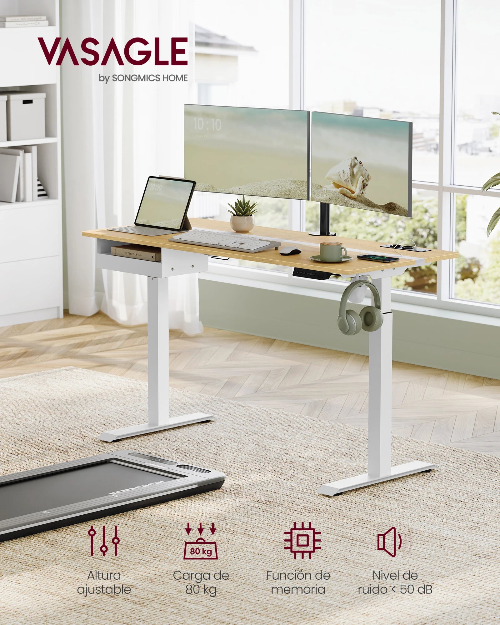 Escritorio ajustable en altura VASAGLE, 60 x 140 cm, cuenta con 4 funciones de memoria, 2 tomas de corriente y puertos USB, con un diseño robusto que soporta hasta 80 kg, perfecto para una oficina moderna o un entorno de estudio.