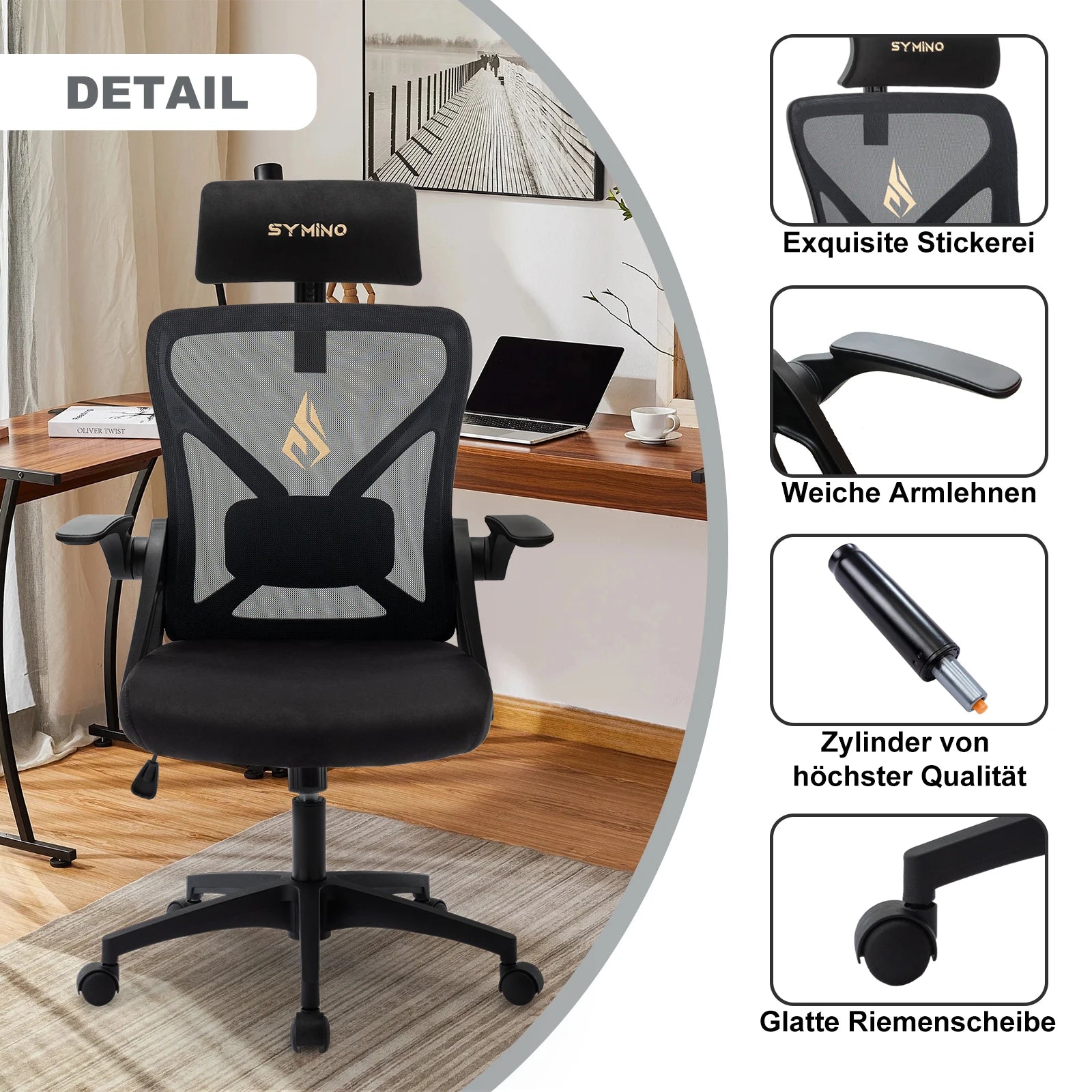 Silla de oficina Symino con reposacabezas ajustable, reposabrazos y soporte lumbar, función ergonómica giratoria y balancín.