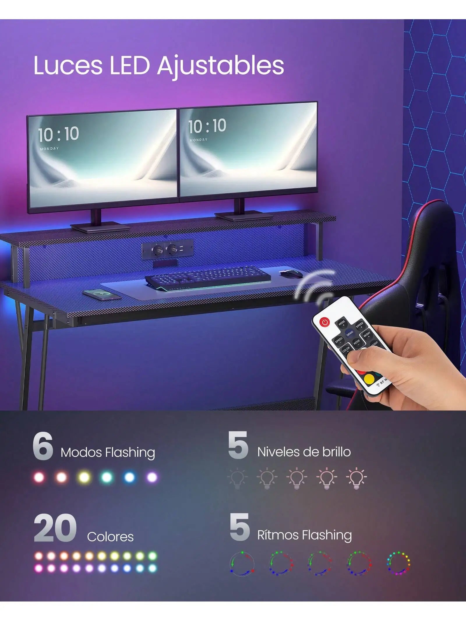 Escritorio para videojuegos VASAGLE: Luces LED, enchufes integrados. Estante para 2 monitores. Escritorio para oficina/dormitorio. 60 x 120 x 76 cm. Color negro carbón.