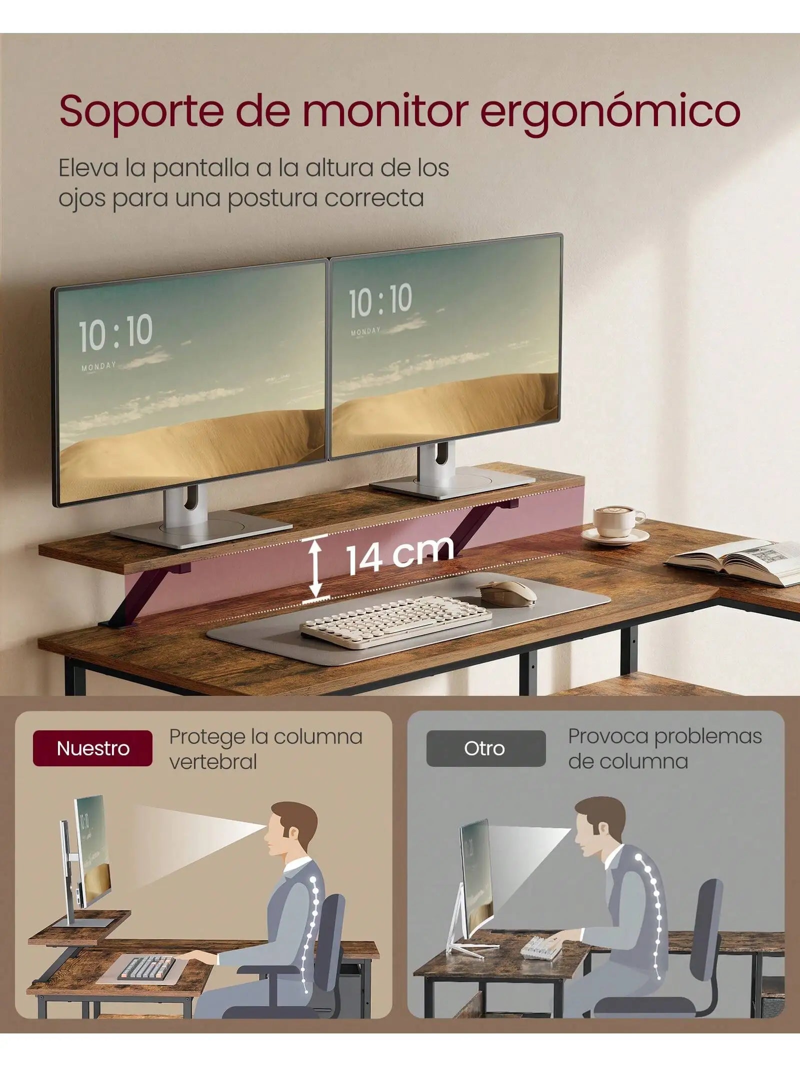 Escritorio VASAGLE en forma de L: 2 cajones, soporte para monitor. Escritorio esquinero/para videojuegos/computadora. Estante ajustable. Oficina en casa. Marrón rústico.