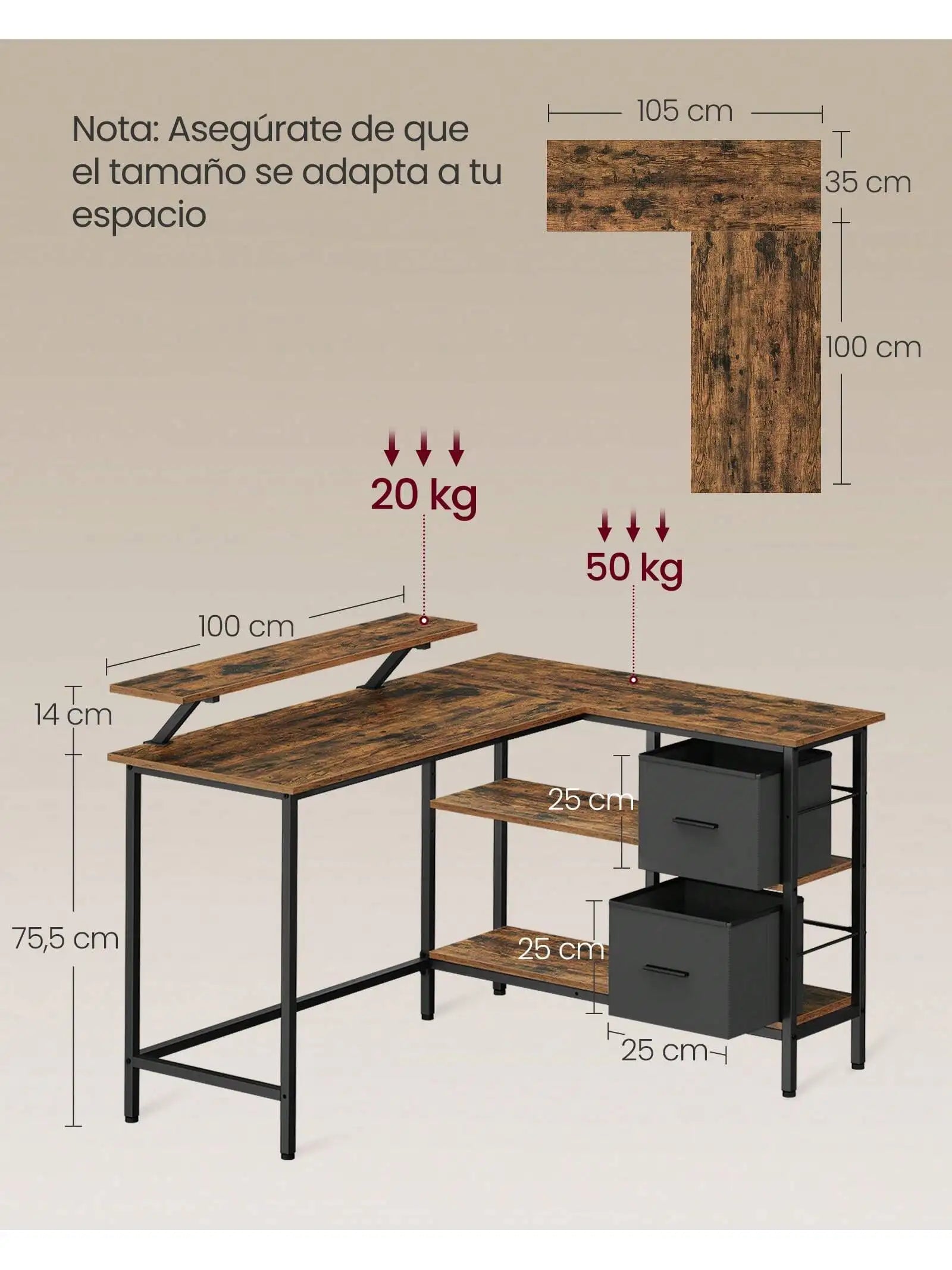 Escritorio VASAGLE en forma de L: 2 cajones, soporte para monitor. Escritorio esquinero/para videojuegos/computadora. Estante ajustable. Oficina en casa. Marrón rústico.