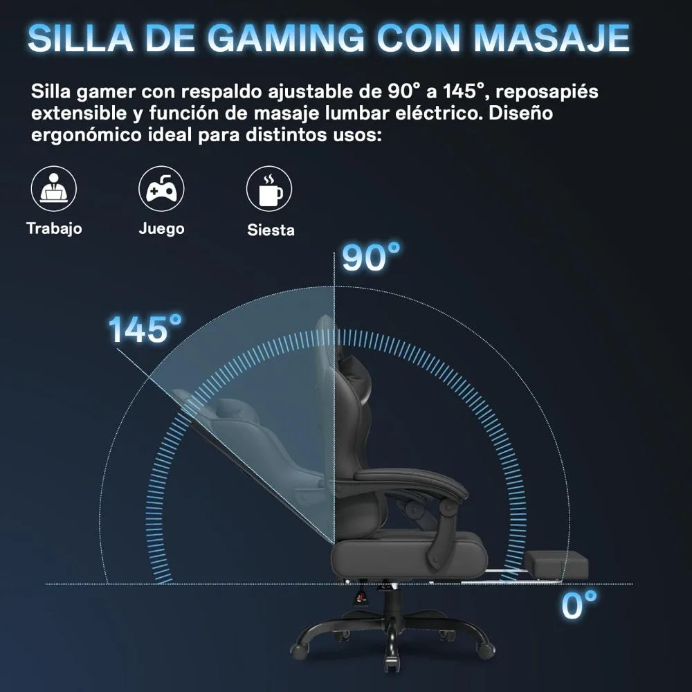 Silla Gaming Profesional con Reposacabezas y Reposapiés, Masaje Ergonómico Lumbar Rosa