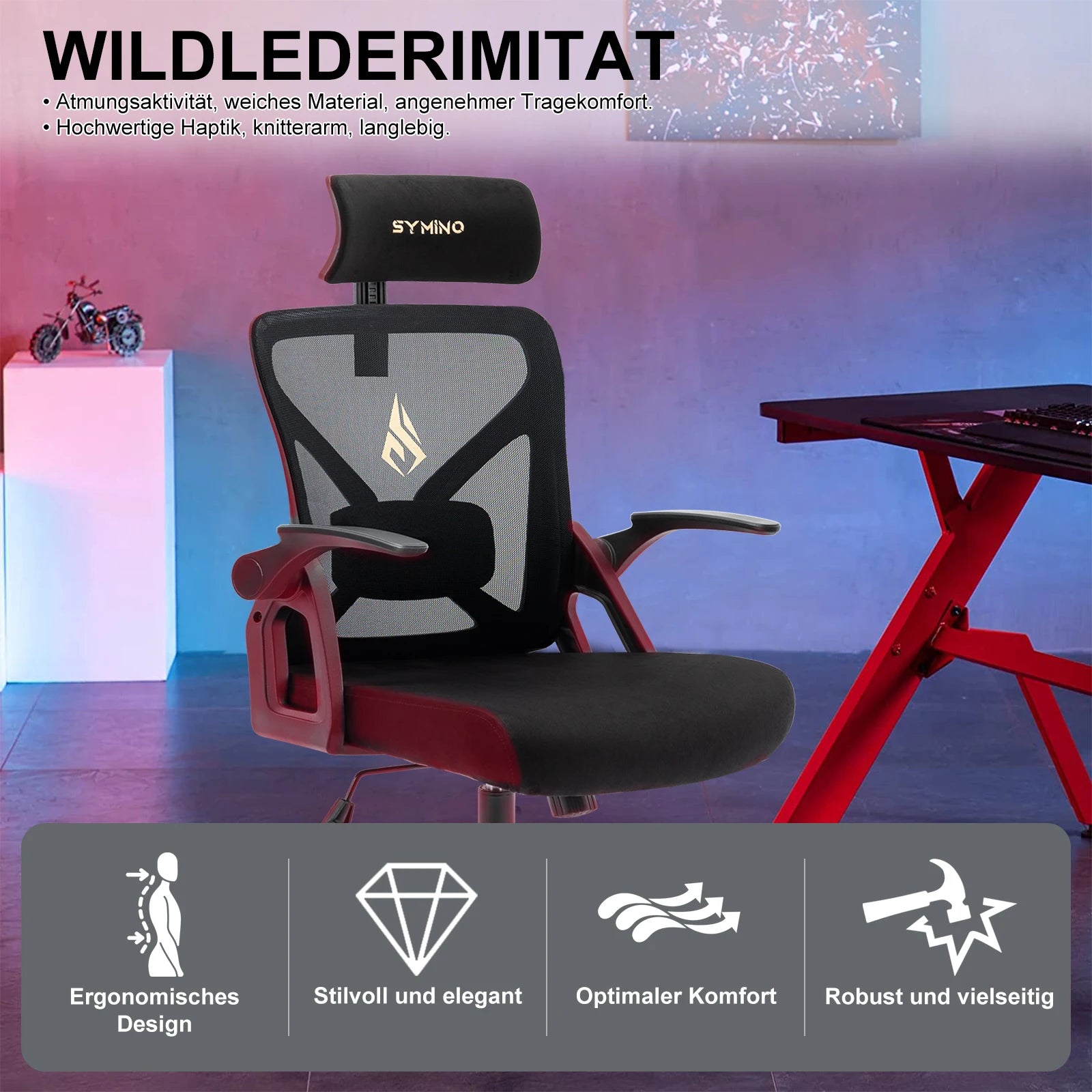 Silla de oficina Symino con reposacabezas ajustable, reposabrazos y soporte lumbar, función ergonómica giratoria y balancín.