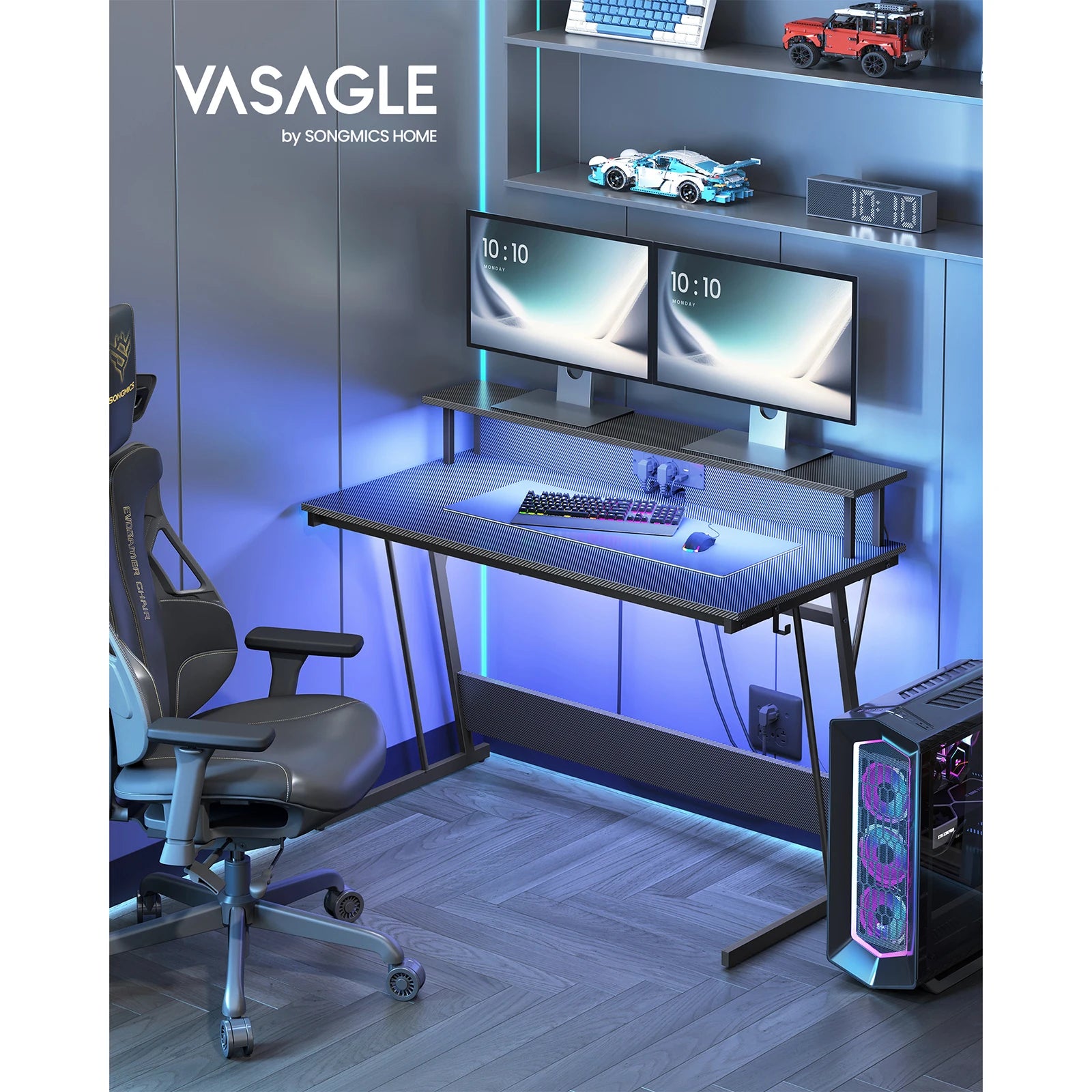 Escritorio para videojuegos VASAGLE: Luces LED, enchufes integrados. Estante para 2 monitores. Escritorio para oficina/dormitorio. 60 x 120 x 76 cm. Color negro carbón.