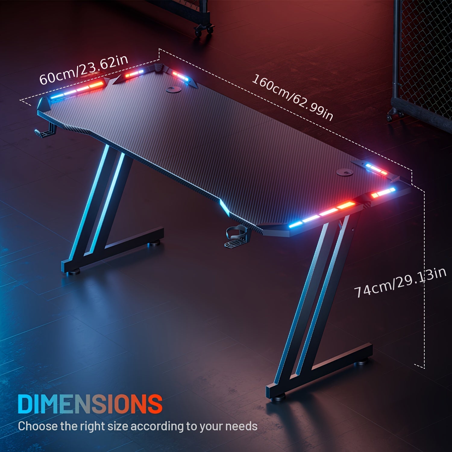 Furnishia 119.38/139.7/160.02 cm Large Z-Shaped Gaming Desk with Carbon Fiber Tabletop, RGB LED Lighting, Oversized Mouse Pad & Cup Holder - Heavy-Duty Computer Desk with Headphone Hook, Spacious Workstation for Home Office,