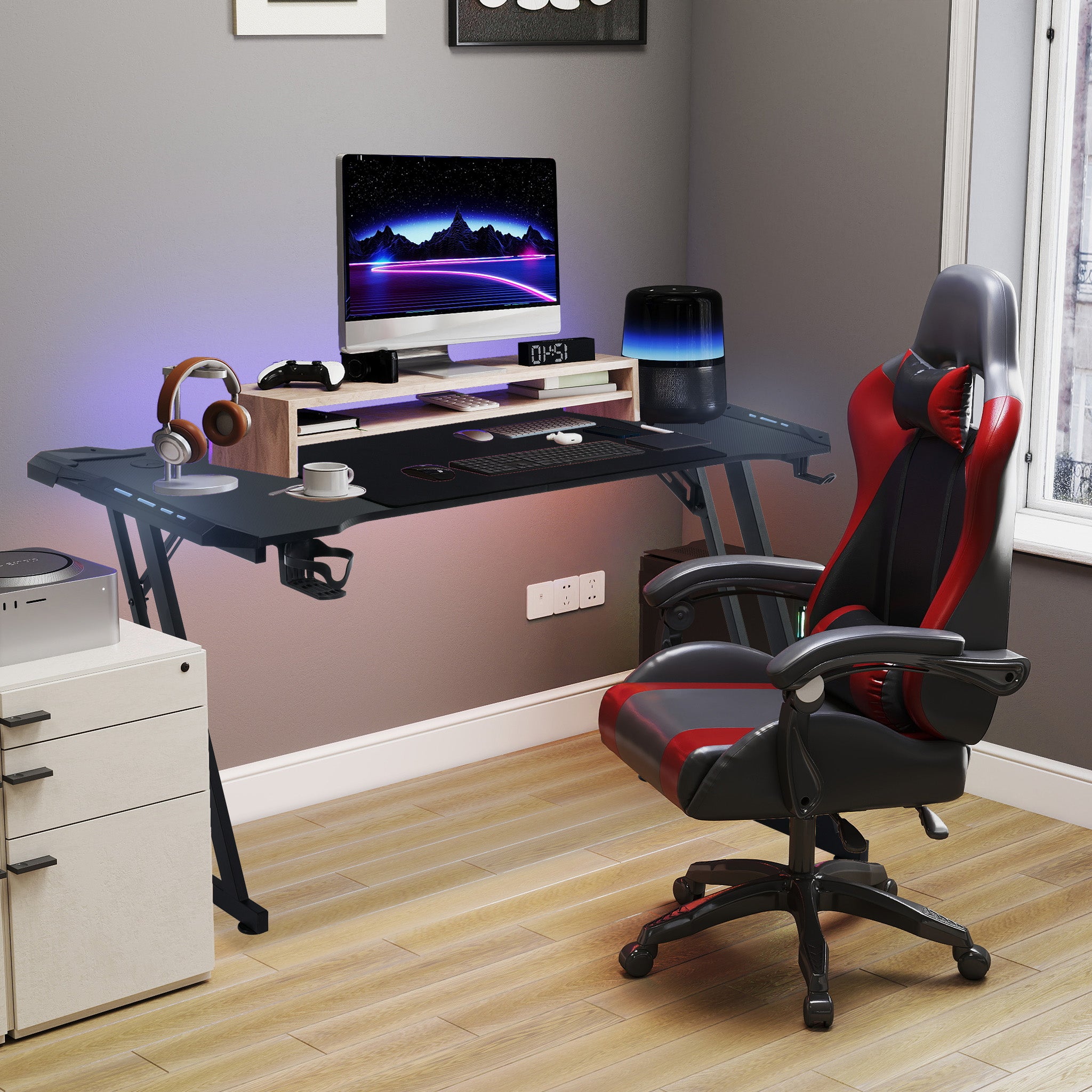 Multi-Size Office PC Desk (120/140/160cm) with LED Lighting, Black Carbon Fibre Surface, 150kg Capacity, Z-Frame for Gaming & Work, Professional Workspace, Study Table, Contemporary Furniture, Sleek Workstation, Premium Surfa