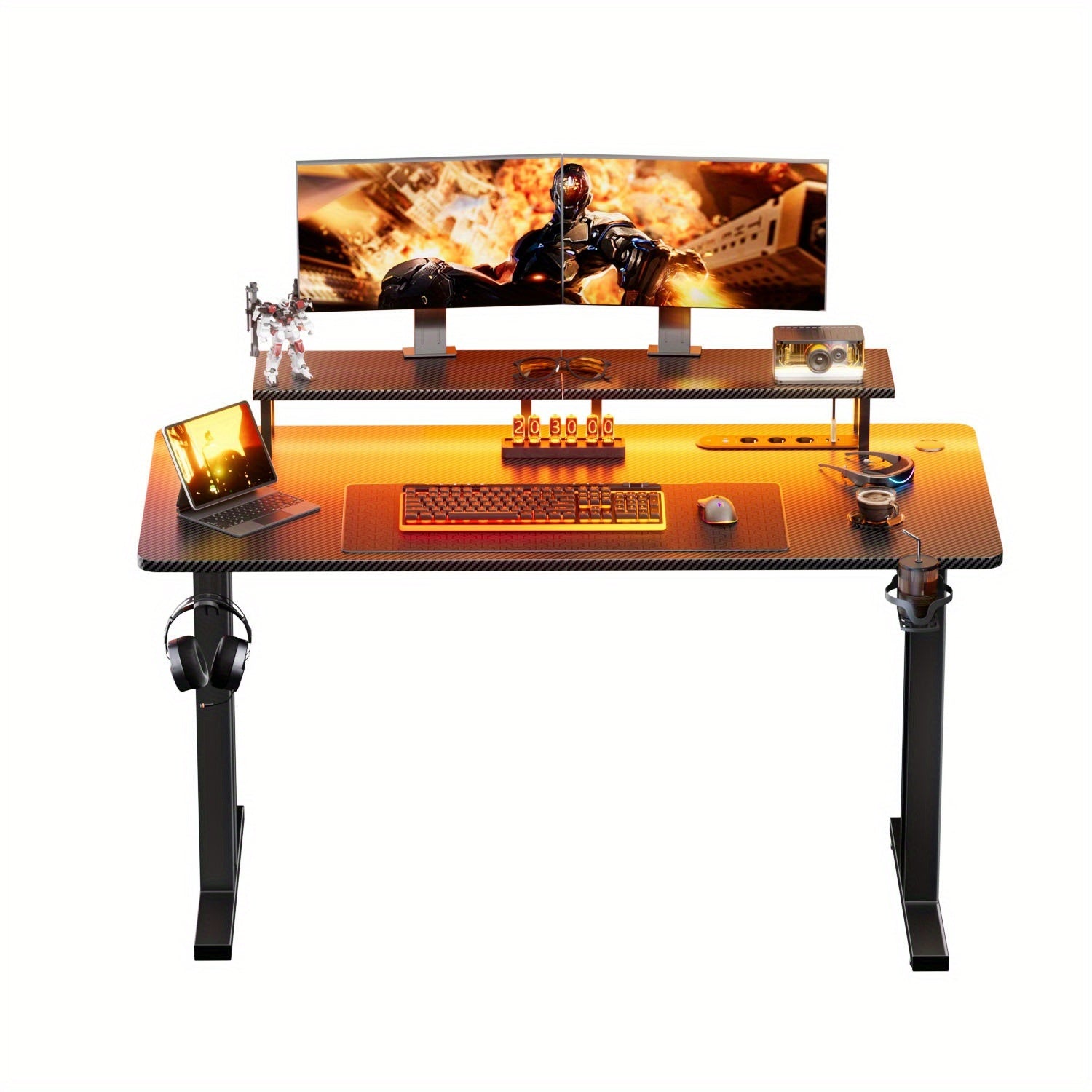 Escritorio gaming VIVENTA de fibra de carbono de 119,38 cm | Estación de trabajo gamer todo en uno con soporte para monitor, gancho para auriculares, portavasos y colgador para mando, escritorio ergonómico español para oficina en casa - Negro