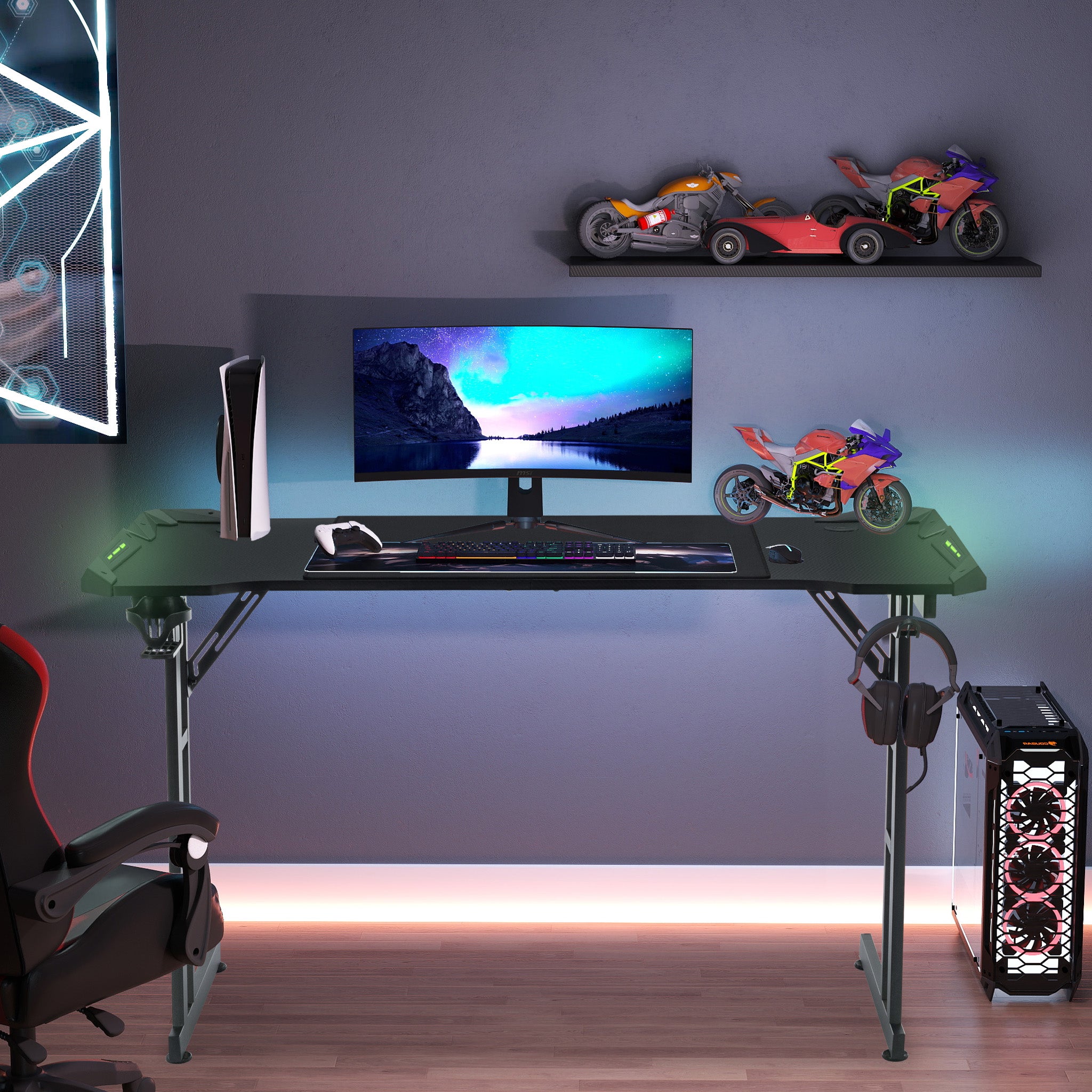 Multi-Size Office PC Desk (120/140/160cm) with LED Lighting, Black Carbon Fibre Surface, 150kg Capacity, Z-Frame for Gaming & Work, Professional Workspace, Study Table, Contemporary Furniture, Sleek Workstation, Premium Surfa